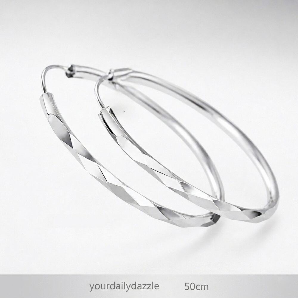925 Silver 5cm Large Circle Hoop Earrings diamond-cut texture